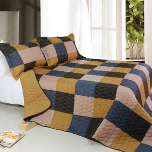 Brown & Navy Blue Patchwork Teen Boy Bedding Full/Queen Quilt Set Oversized Bedspread