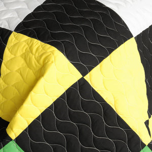 Black White Yellow Red & Green Patchwork Quilt Set Closeup