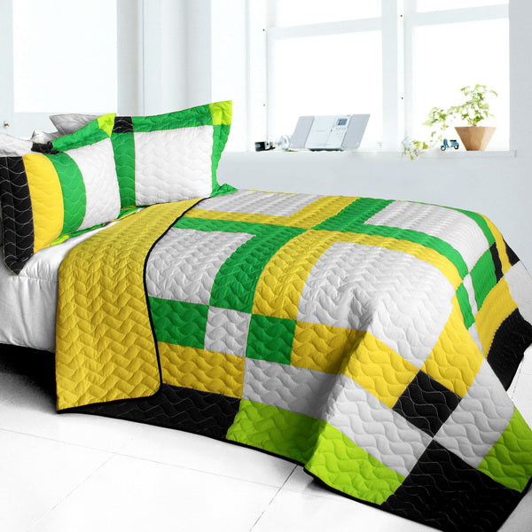 Black White Green Yellow Patchwork Teen Boy Bedding Full/Queen Quilt Set Geometric Bedspread