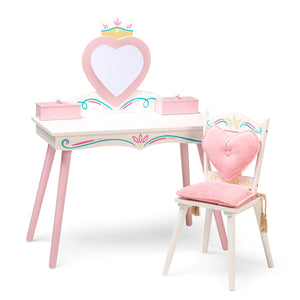 Luxury White/Pink Princess Wooden Vanity and Chair Kids Girl Furniture Play Set