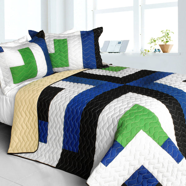 Blue Green White & Tan Striped Teen Bedding Full/Queen Quilt Set Modern Geometric Bedspread
