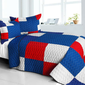 Blue Red & White Patchwork Teen Boy Bedding Full/Queen Modern Checkered Quilt Set