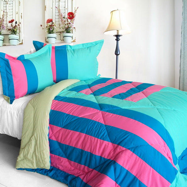 Blue Pink Turquoise Striped Teen Girl Bedding Twin Full/Queen King Modern Comforter Set