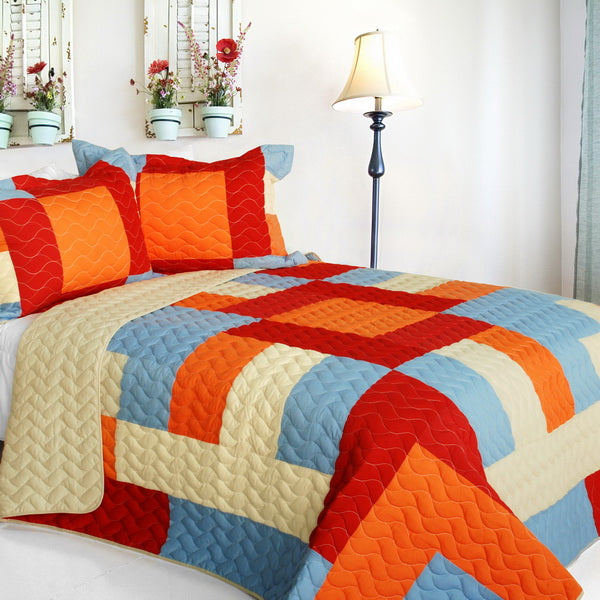 Red Orange Blue & Tan Geometric Teen Boy Bedding Full/Queen Quilt Set