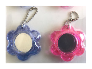Hello Kitty Keychain Pink & Purple 4 CT Glittered Flower-Shaped Mirror Keyring Backpack or PurseCharm
