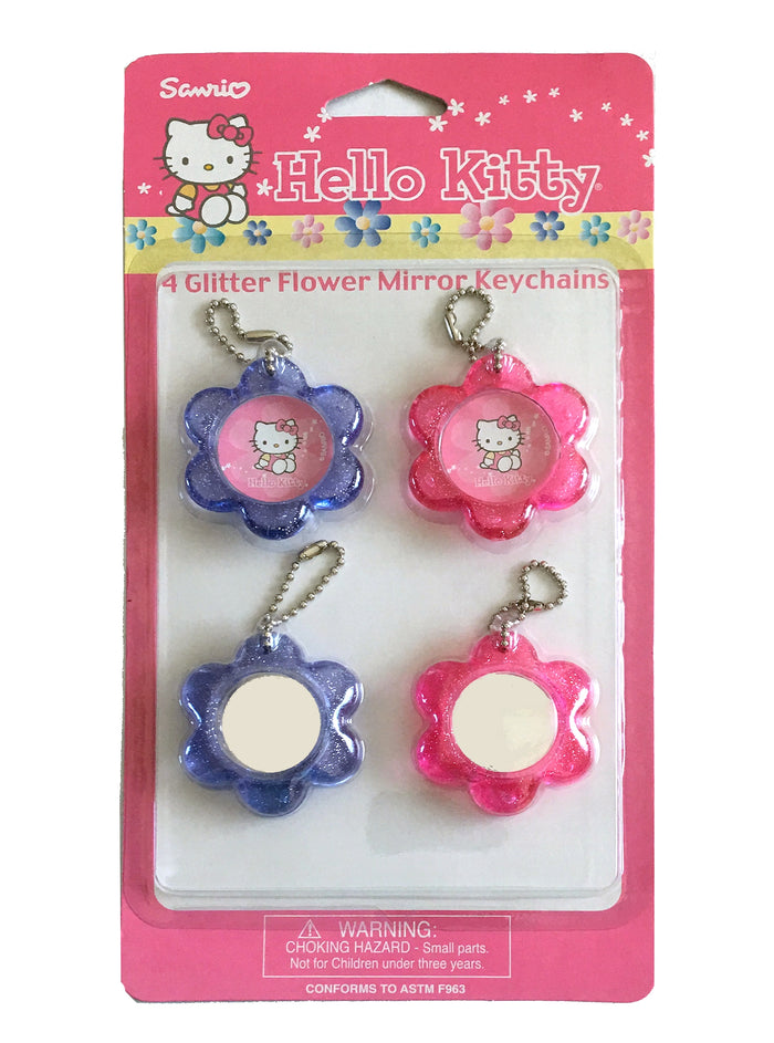 Hello Kitty Keychain Pink & Purple 4 CT Glittered Flower-Shaped Mirror Keyring Backpack or PurseCharm