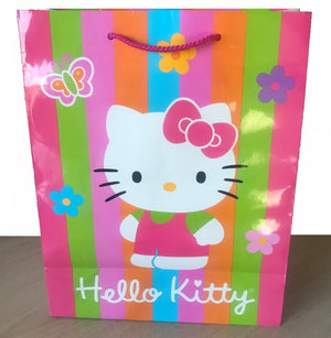 Hello Kitty Large Rainbow Stripe Gift Bag Glossy Paper Party Present Tote 13" x 10" x 5" - Flowers & Butterfly 10.5" x 13"