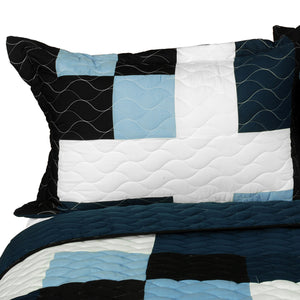 Black Navy Blue & White Patchwork Teen Boy Bedding Full/Queen Quilt Set Geometric Bedspread
