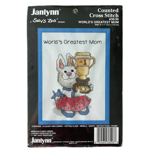 Vintage Suzy's Zoo Stamped Cross Stitch Kit with Frame or PDF Pattern Chart Instructions World's Greatest Mom Bunny Rabbit with a Trophy Janlynn 1981 38-96