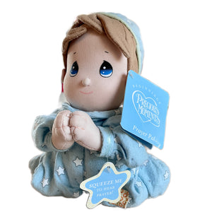 Vintage Talking Precious Moments 9" Baby Boy Plush Prayer Pal Doll Soft Rag Bedtime Praying Toy in Blue Cotton Pajamas
