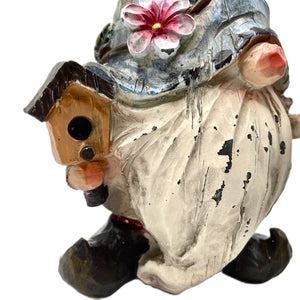 Blue Hat Resin 9" Woodland Gnome With Birdhouse & Red Bird Figurine Statue Home & Garden Decor Wood-Carved Distressed Farmhouse Look
