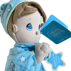 Vintage Talking Precious Moments 9" Baby Boy Plush Prayer Pal Doll Soft Rag Bedtime Praying Toy in Blue Cotton Pajamas