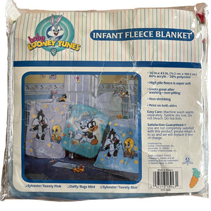 Vintage Baby Looney Tunes Sylvester Cat & Tweety Bird Baby Fleece Minky Plush Crib Blanket 30" x 41" Blue 1999 Moon & Stars