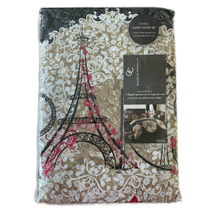 Paris Oooh La La Romantic Eiffel Tower Bedding Full Duvet Cover Bed Set Black Red Tan Floral Medallions