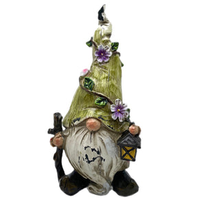 Green Resin 9" Woodland Gnome With Lantern Figurine Statue Home & Garden Decor Wood-Carved Look