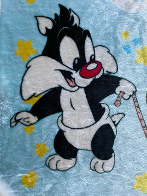 Vintage Baby Looney Tunes Sylvester Cat & Tweety Bird Baby Fleece Minky Plush Crib Blanket 30" x 41" Blue 1999 Moon & Stars