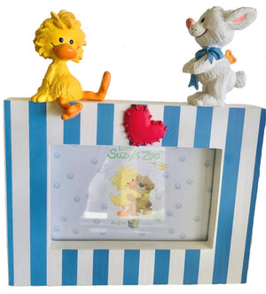 Little Suzy's Zoo Witzy Duck & Lulla Bunny Baby Animals Nursery Keepsake Photo Frame for 4" x 6" Picture Blue White Striped