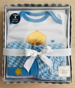 Precious Moments Baby Boy Clothing 5-Piece Blue Layette Gift Set Newborn 0-3 Months - Bodysuit Pants Hat Mitts Booties Boy Hugging a Bear Baby Shower