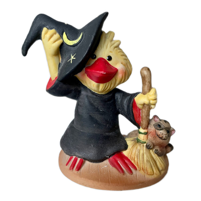 Vintage Suzy’s Zoo Suzy Ducken Halloween Witch with Raccoon Collectible Porcelain Bisque Figurine Statue by Suzy Spafford Enesco 1980