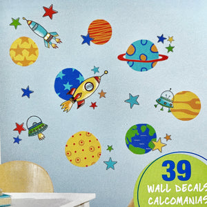 Planets & Rockets UFOs Outer Space Wall Decals Peel and Stick Kids Room RMK2618SCS