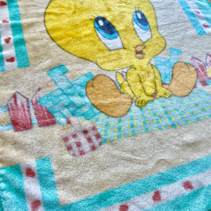 Vintage Baby Looney Tunes Tweety Bird Baby Fleece Plush Crib Blanket 26" x 35" Picnic & Butterflies Yellow Aqua Azure Blue