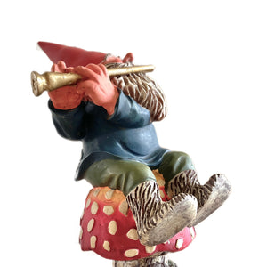 Classic Forest Garden Gnome Rien Playing Flute on a Mushroom 8" Statue Resin New Vintage Collectible Figurine by Rien Poortvliet The Netherlands