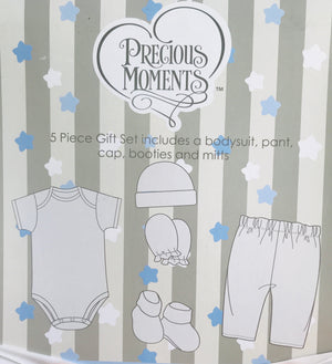 Precious Moments Baby Boy Clothing 5-Piece Blue Layette Gift Set Newborn 0-3 Months - Bodysuit Pants Hat Mitts Booties Boy Hugging a Bear Baby Shower