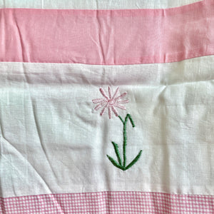 Elegant Feminine White & Pink Gingham Stripe Meadow Flowers Embroidered Valance Lined 18" x 70" Cotton