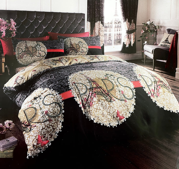Paris Oooh La La Romantic Eiffel Tower Bedding Full Duvet Cover Bed Set Black Red Tan Floral Medallions