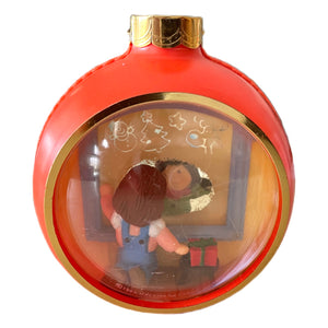 Vintage Christmas Window Scene Toyshop Ornament 1984 Hallmark Cards Girls with Presents Holiday Friendship Series Orange & Gold