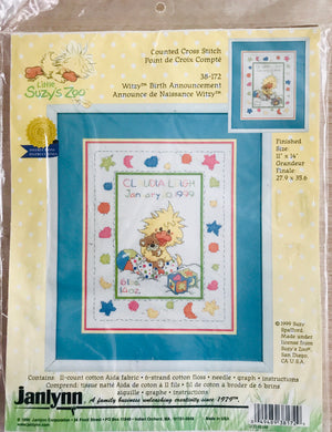 Vintage Little Suzy's Zoo Witzy Yellow Duck with Teddy Bear Baby Birth Announcement Counted Cross Stitch Kit or PDF Chart Instruction Pattern Keepsake Sampler Gift 1999