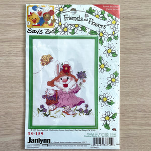 Suzy's Zoo Counted Cross Stitch Kit with Frame or PDF Pattern Instructions Friends & Flowers Violet The Bunny Rabbit with Bonnet Hat Easter Spring Butterfly Floral Janlynn Vintage 1997