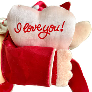 Vintage Valentine Red Tuxedo Ziggy Plush Rag 7" Stuffed Soft Doll with Pink Heart Pillow 'I Love You' 1987 Collectible Toy