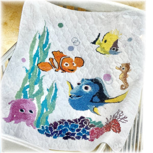 Walt Disney Pixar Finding Nemo Dory & Fish Friends Baby Nursery Crib Quilt Counted Cross Stitch Kit Blanket or PDF Chart Pattern Stamped Keepsake Gift 34" x 43"