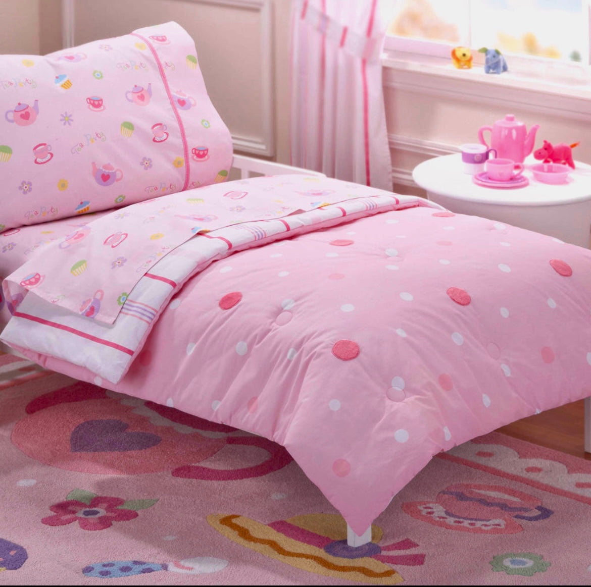 Pink Tea Party COTTON Toddler Girl Plush Appliques Bedding Comforter Sheet Set Bed in a Bag Polka Dot Stripe Olive Kids With Ribbons