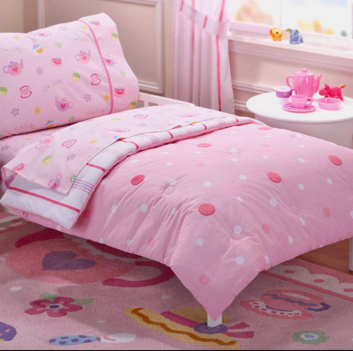 Pink Tea Party Time Cotton Toddler Girl Embellished Bedding Comforter & Sheet Set Bed in a Bag Polka Dot & Stripe Olive Kids With Ribbon & Appliques