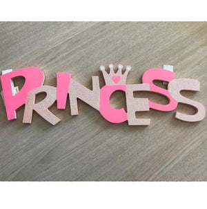 Pink Princess Letters Word 19" Wooden Hanging Sign with Glitter Door or Wall Art Girl's Room Crown w/Heart