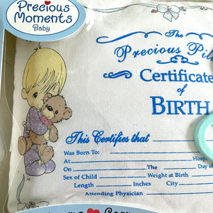 Precious Moments Baby Keepsake Birth Certificate Pillow 12" x 9" with Green Rattle Baby Shower 2pc Gift Set Vintage 2003