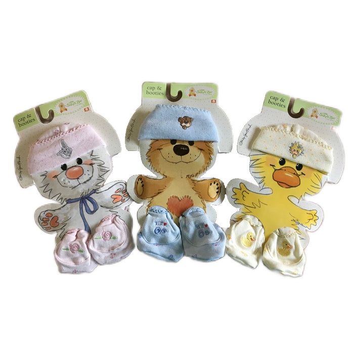 Vintage Little Suzy's Zoo Infant Baby Hat Cap & Booties Set Baby's Arrival Baby Shower Gift - Yellow Duck, Blue Bear, Pink Bunny