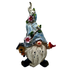 Blue Hat Resin 9" Woodland Gnome With Birdhouse & Red Bird Figurine Statue Home & Garden Decor Wood-Carved Look
