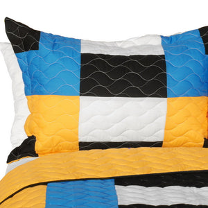 Blue Black White & Yellow Geometric Teen Bedding Full/Queen Quilt Set - Pillow Sham