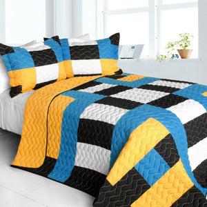 Blue Black White & Yellow Geometric Teen Bedding Full/Queen Quilt Set Patchwork Colorblock Bedspread