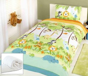 Jungle Parade Kids Bedding Twin Duvet / Comforter Cover Set Reversible Green Blue Lion Zebra Elephant Monkey Giraffe Tiger Hippo
