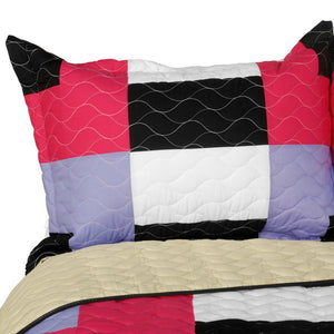 Hot Pink Lavender Black White & Tan Checkered Teen Girl Bedding Full/Queen Quilt Set - Pillow Sham