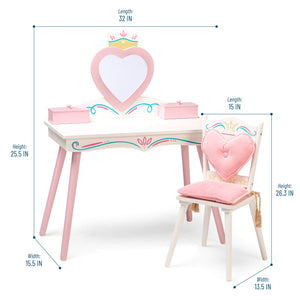 Luxury White/Pink Princess Wooden Vanity and Chair Kids Girl Furniture Play Set