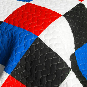 Red White Blue Checkered Geometric Boys Bedding Full/Queen Quilt Set Modern Colorblock Bedspread