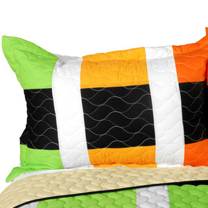 Geometric Orange Black Green Teen Boy Bedding Full/Queen Quilt Set - Pillow Sham