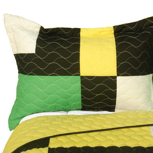 Black White Green Yellow Geometric Teen Bedding Full/Queen Quilt Set - Pillow sham