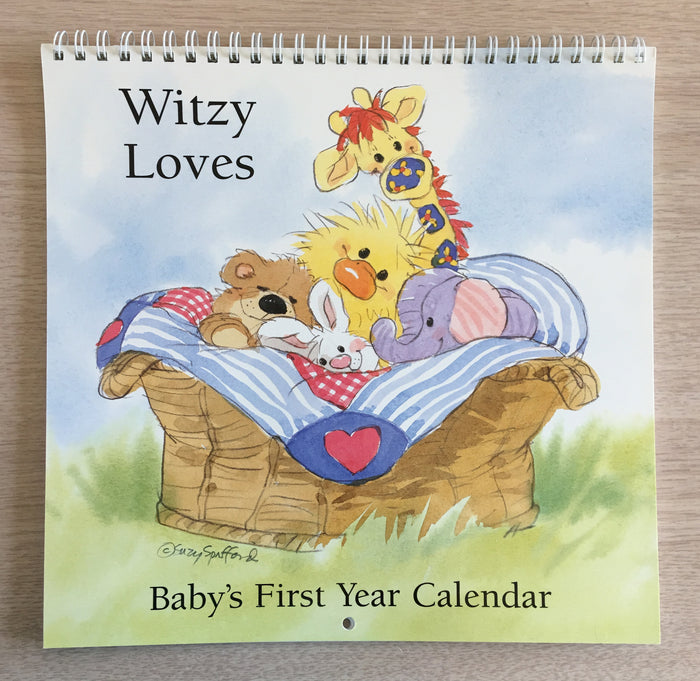 Little Suzy's Zoo Baby's First Year Memory Keepsake Calendar 13 Months Baby Records Animals in Basket Duck Bear Elephant Giraffe Bunny 'Witzy Loves'