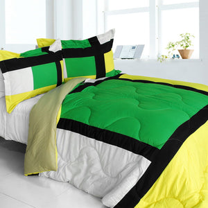 Green Black Yellow & White Geometric Blocks Teen Boy Bedding Twin Full/Queen Modern Comforter Set